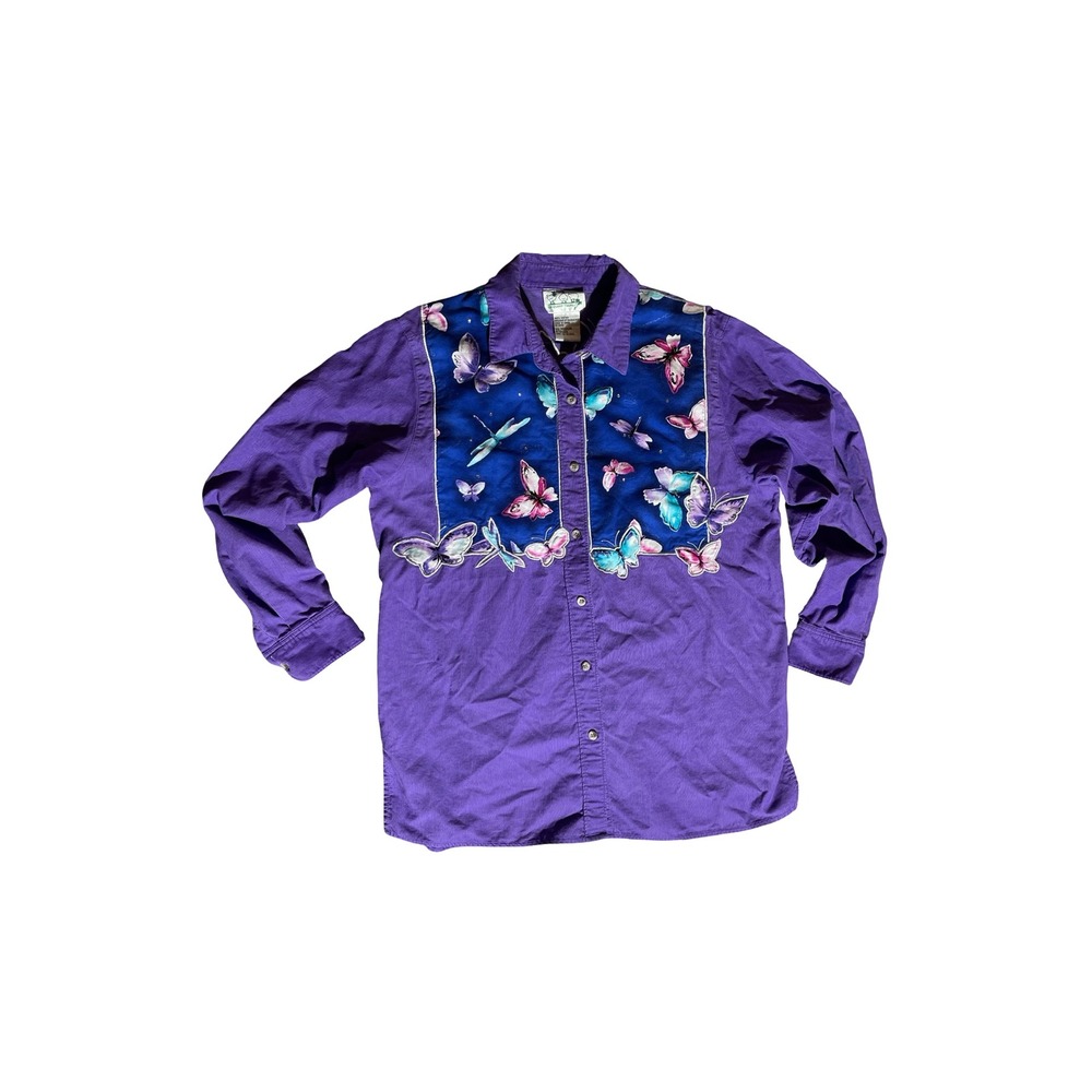 Quacker Factory Butterfly Embroidered Shirt Purple Women M/L Snap Front